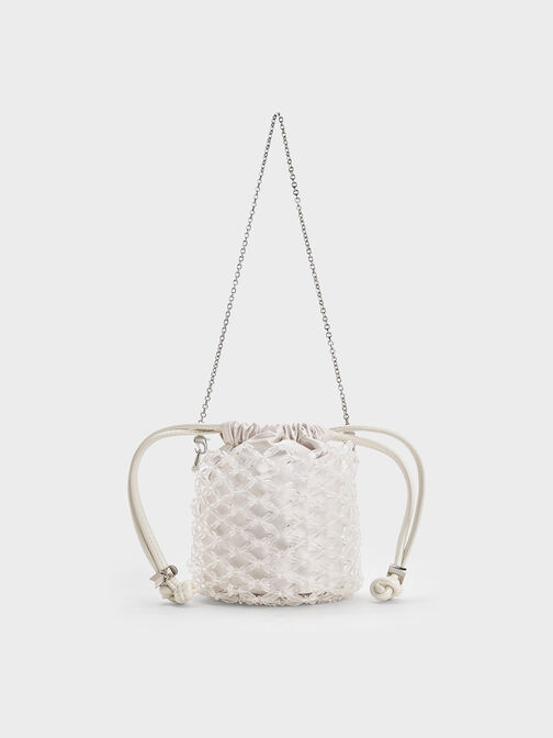 Beaded Chain-Handle Bucket Bag, White, hi-res