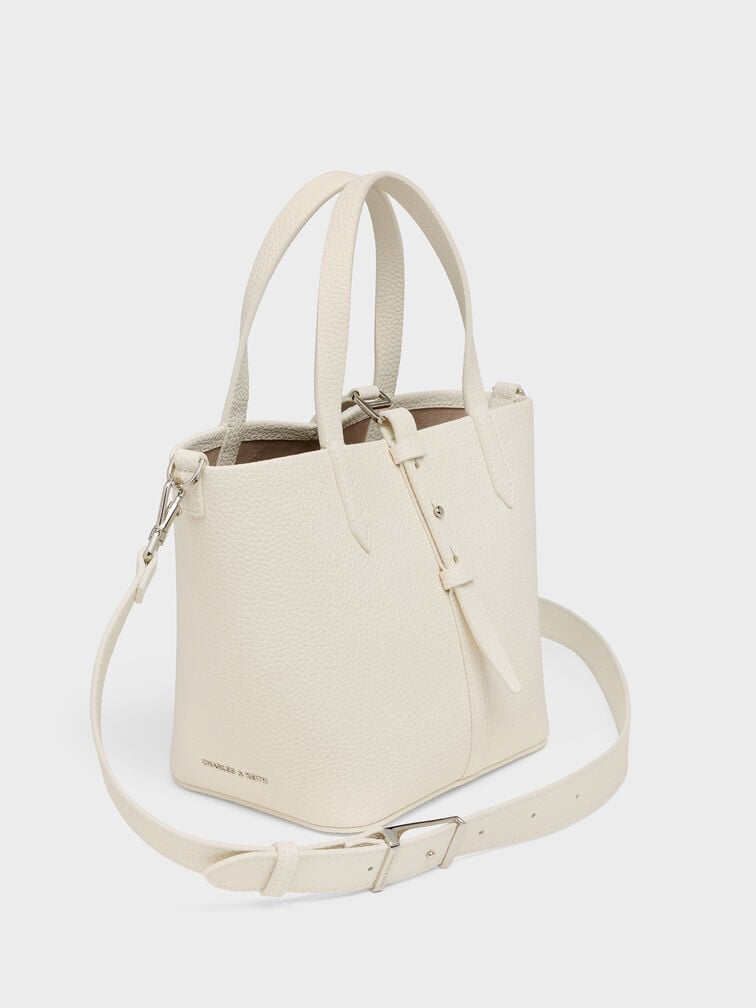 Beryl Recycled Leather Double-Handle Belted Bucket Bag, Cream, hi-res