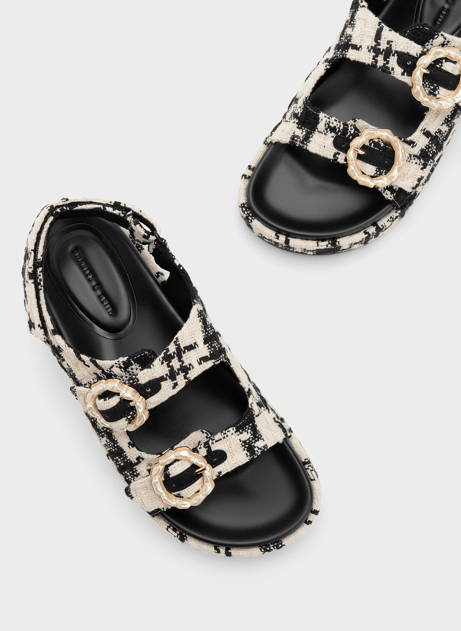 Tweed Pearl-Buckle Double Strap Sandals, Black Textured, hi-res