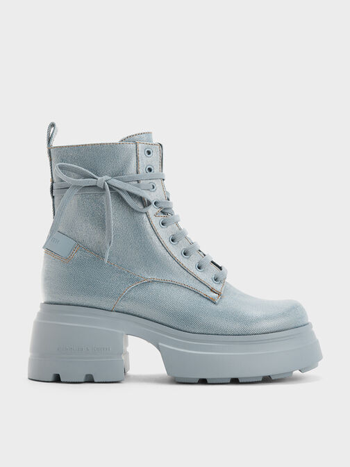 Denim Lace-Up Chunky Ankle Boots, Light Blue, hi-res