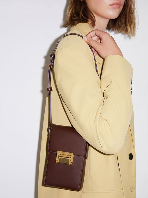 Freida Metallic Accent Elongated Pouch, Dark Brown, hi-res