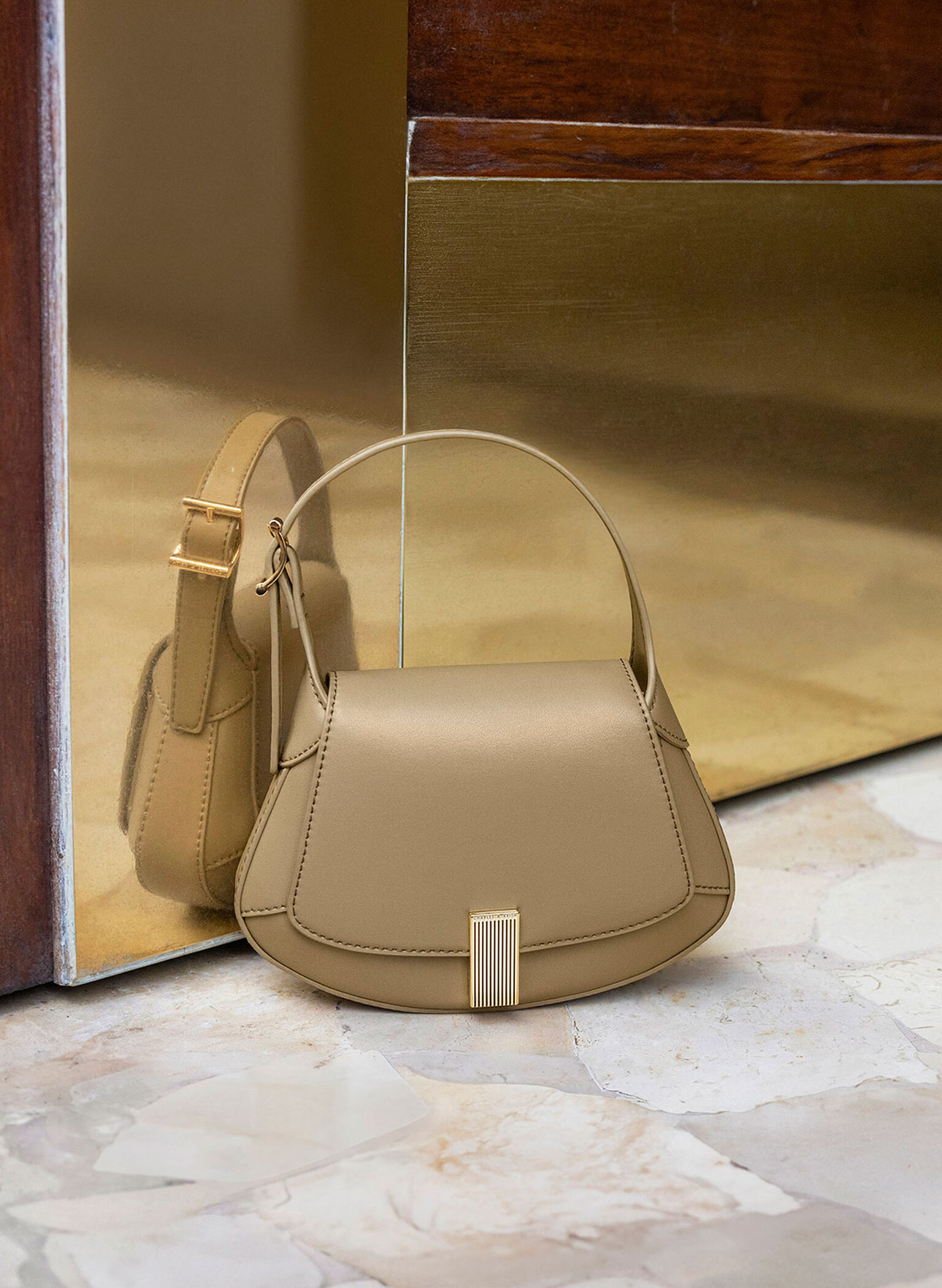 Metallic-Accent Curved Top Handle Bag, Taupe, hi-res