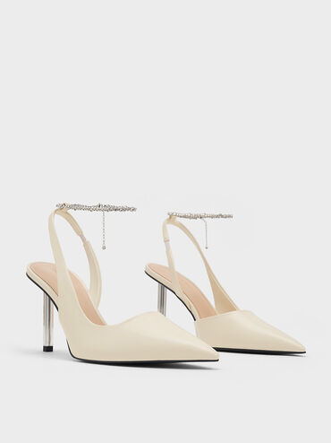 Crystal-Chain Ankle-Strap D'Orsay Pumps, Cream, hi-res