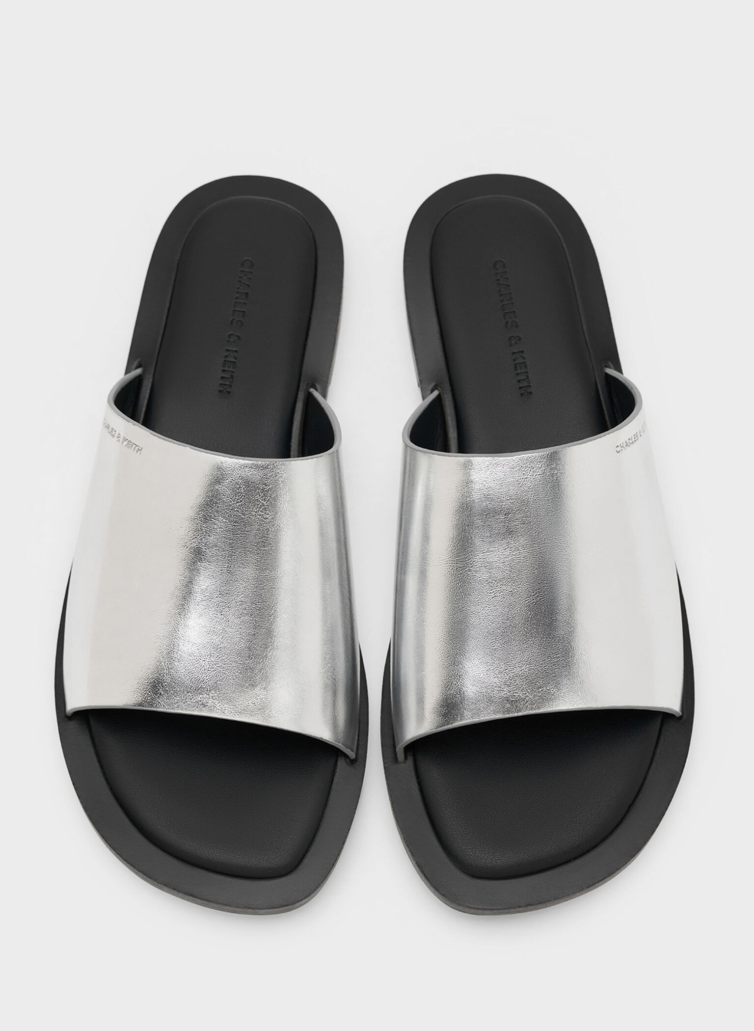 Metallic Wide-Strap Slide Sandals, Silver, hi-res