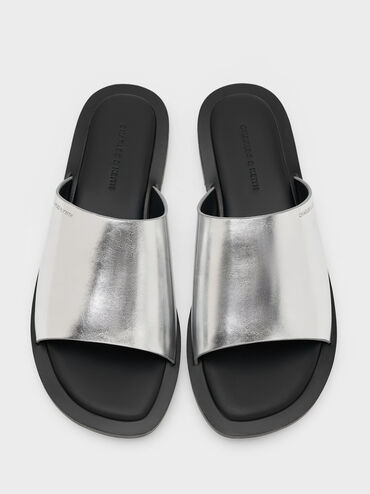 Metallic Wide-Strap Slide Sandals, Silver, hi-res