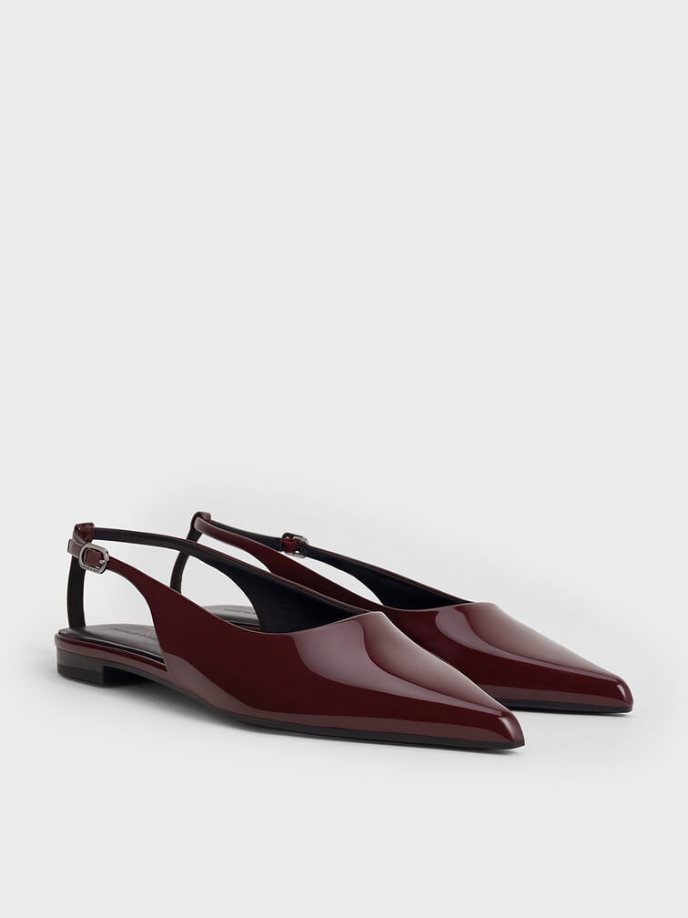 Patent Cut-Out Pointed-Toe Slingback Flats, Burgundy, hi-res