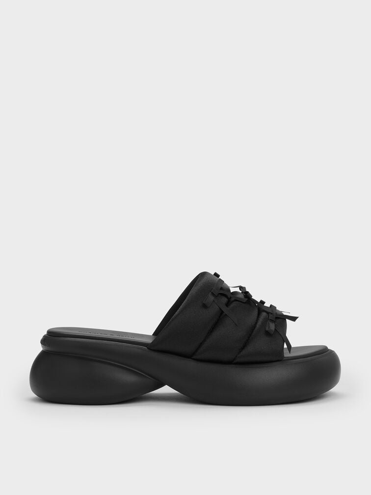 Recycled Polyester Bow Puffy Sports Sandals, Black Textured, hi-res
