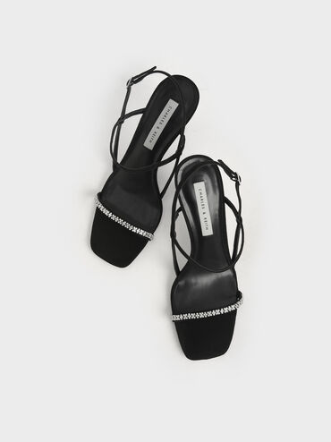 Textured Gem-Embellished Strappy Sandals, Black, hi-res