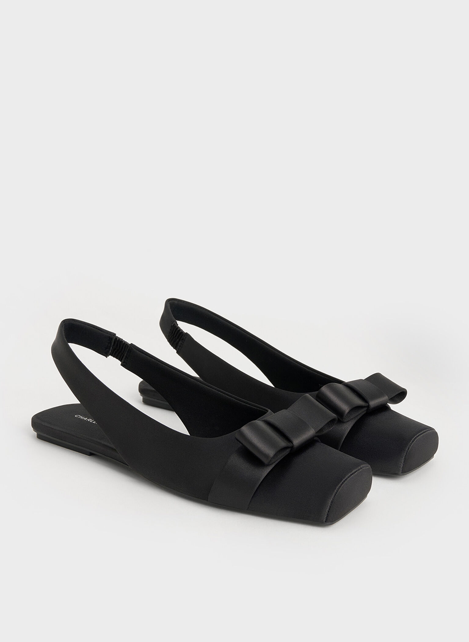 Satin Bow Slingback Ballet Flats, Black Textured, hi-res