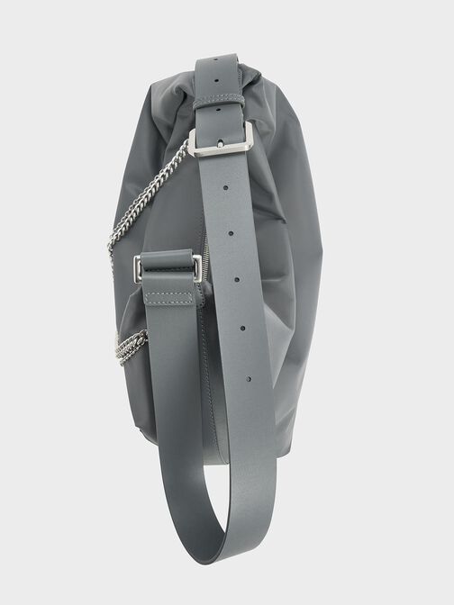 Nylon Chain-Link Slouchy Shoulder Bag, Grey, hi-res