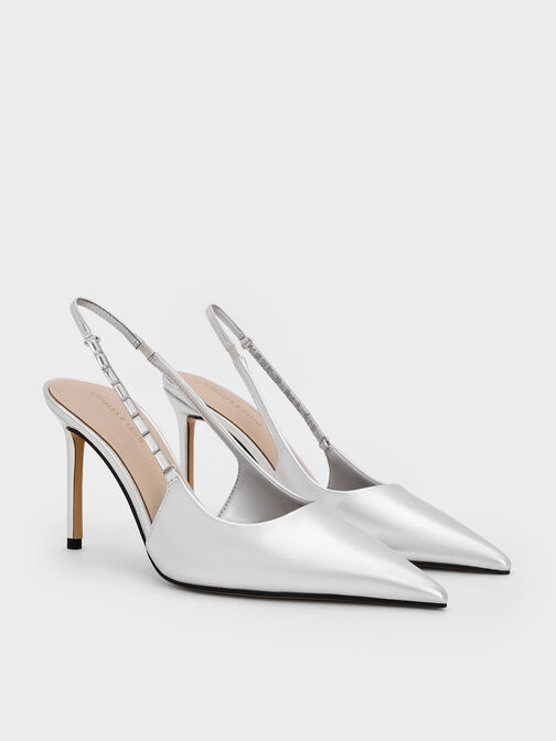 Metallic Embellished-Strap Pointed-Toe Slingback Pumps, Silver, hi-res