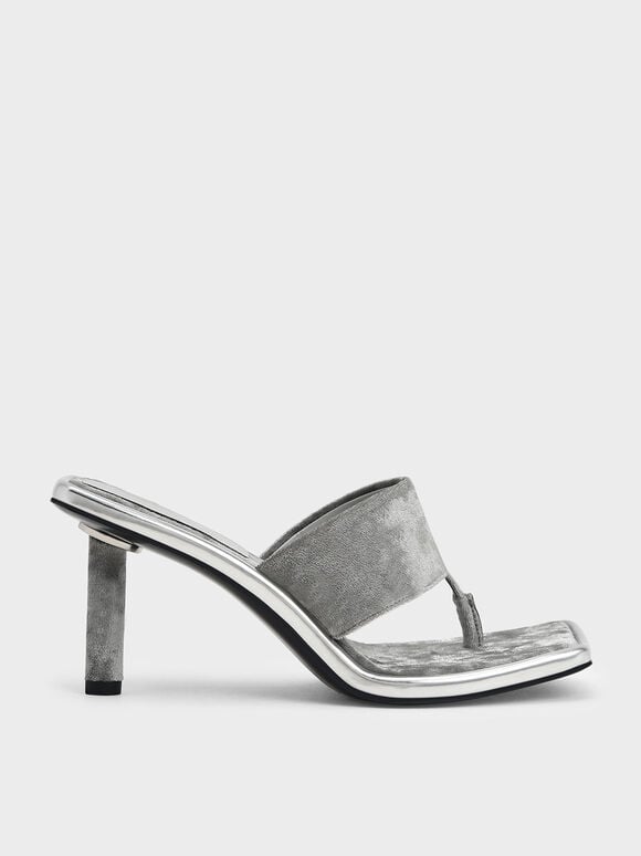 Holiday 2021 Collection: Etta Velvet Heeled Thong Sandals​, Light Grey, hi-res
