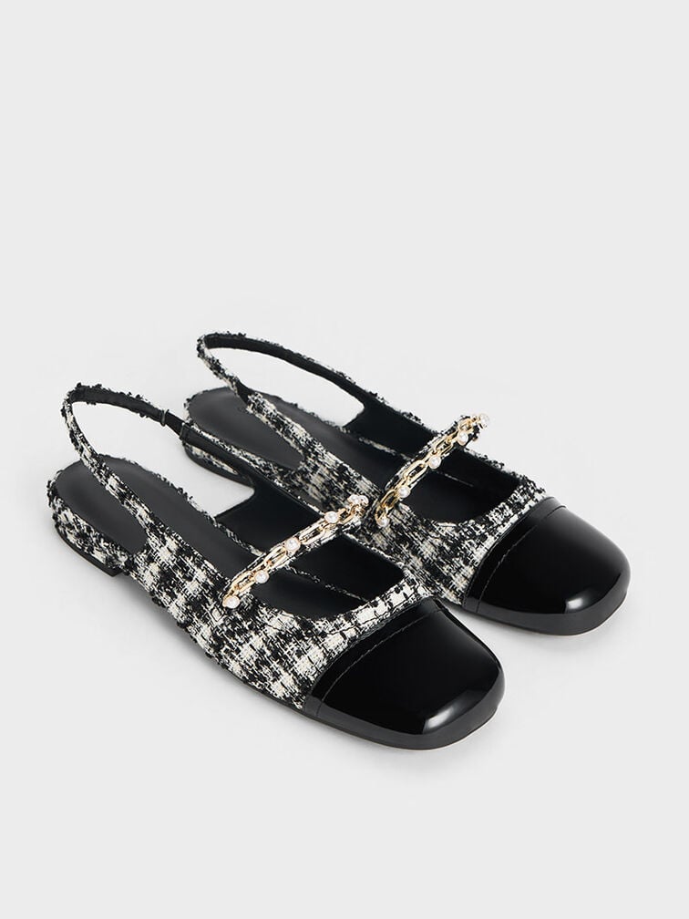 Rio Tweed Beaded Chain-Link Slingback Flats, Black Textured, hi-res