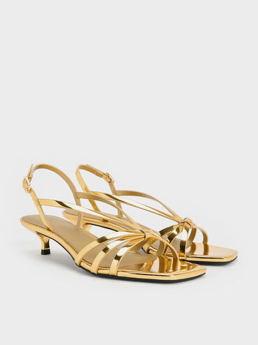 Metallic Kitten-Heel Strappy Sandals, Gold, hi-res