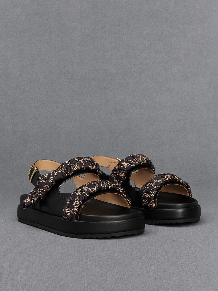 Tully Leather Ruched-Strap Sandals, Black, hi-res