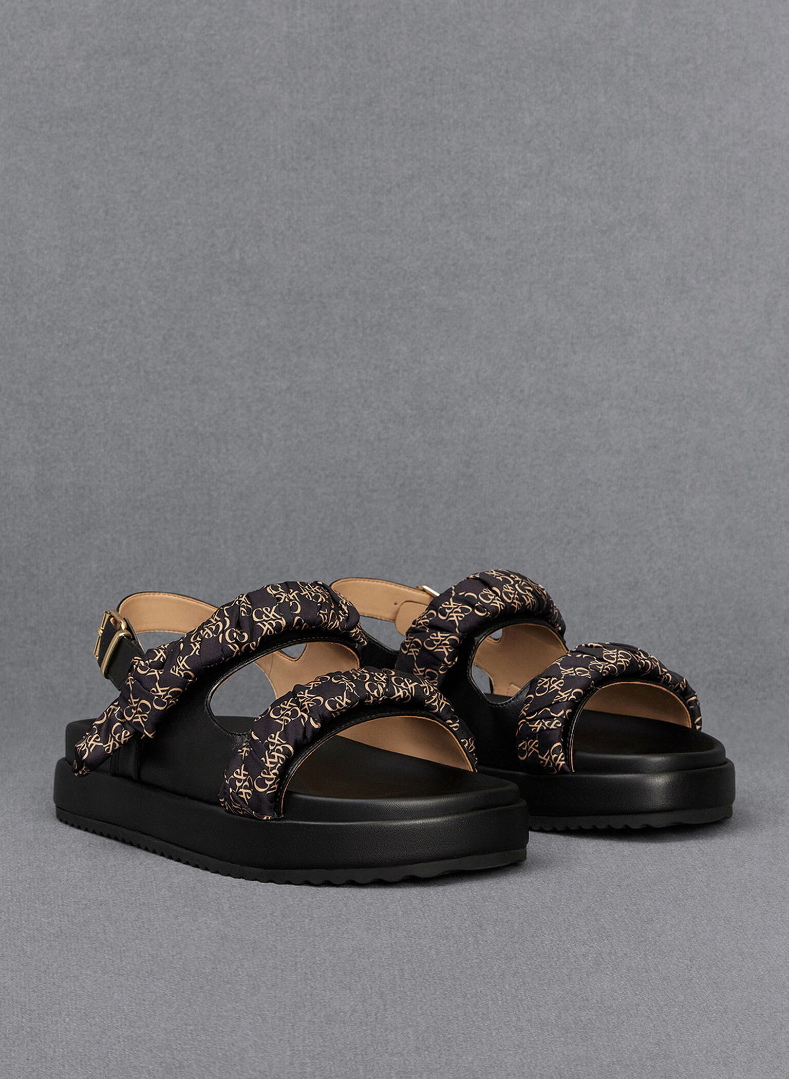 Tully Leather Ruched-Strap Sandals, Black, hi-res