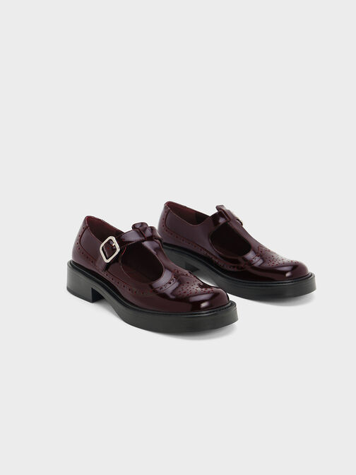Brogue Leather T-Bar Mary Janes, Maroon, hi-res