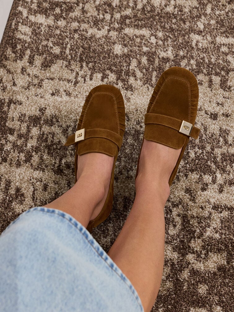 Cody Suede Metallic-Buckle Ruched Loafers, Brown, hi-res