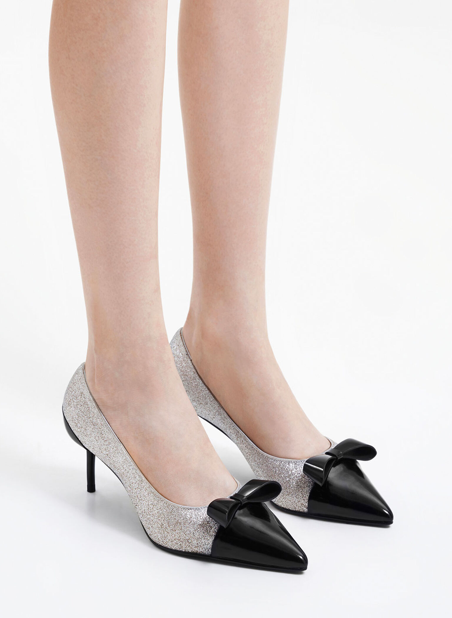 Leather Glittered Pointed-Toe Heels, Silver, hi-res