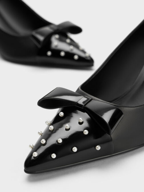 Leather Pearl-Embellished Pointed-Toe Heels, Black, hi-res