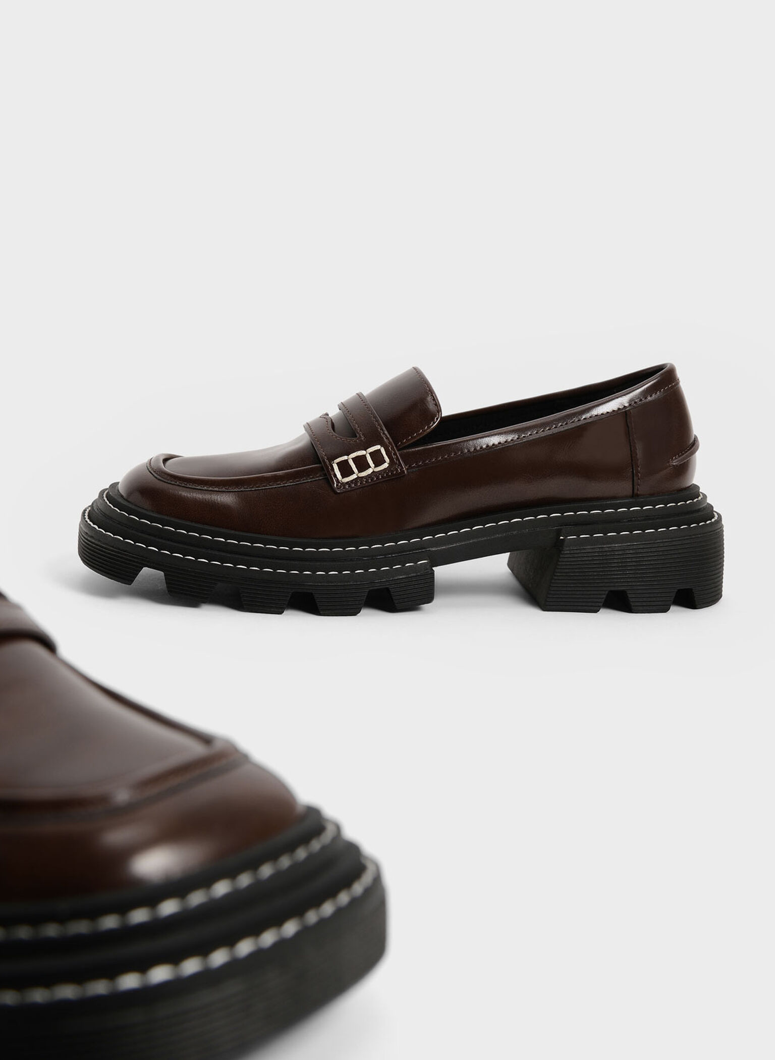 Perline Chunky Penny Loafers, Dark Brown, hi-res