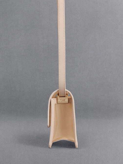 Mesh & Leather Monogram Shoulder Bag, Beige, hi-res