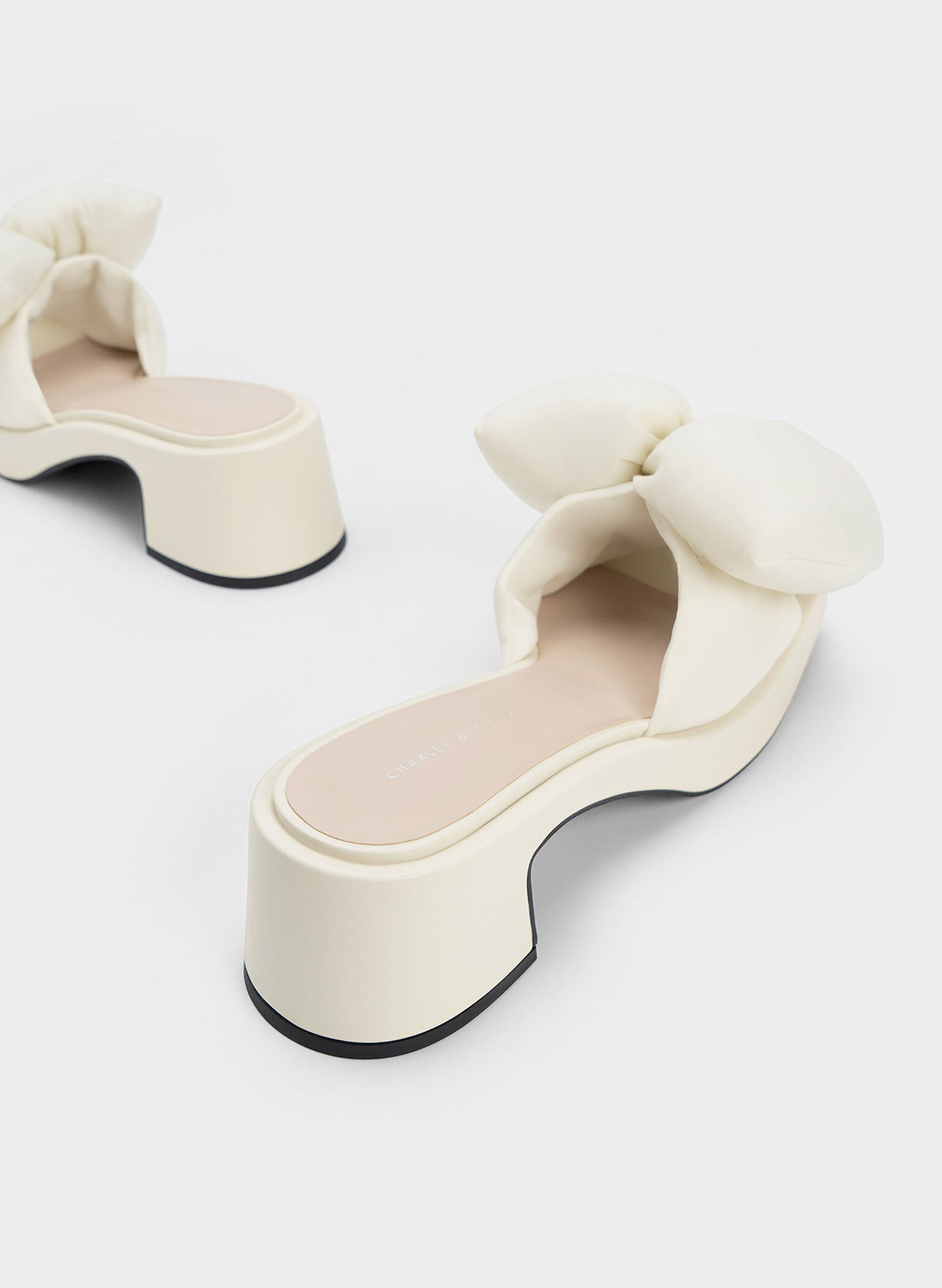 Puffy Bow Heeled Mules, Cream, hi-res