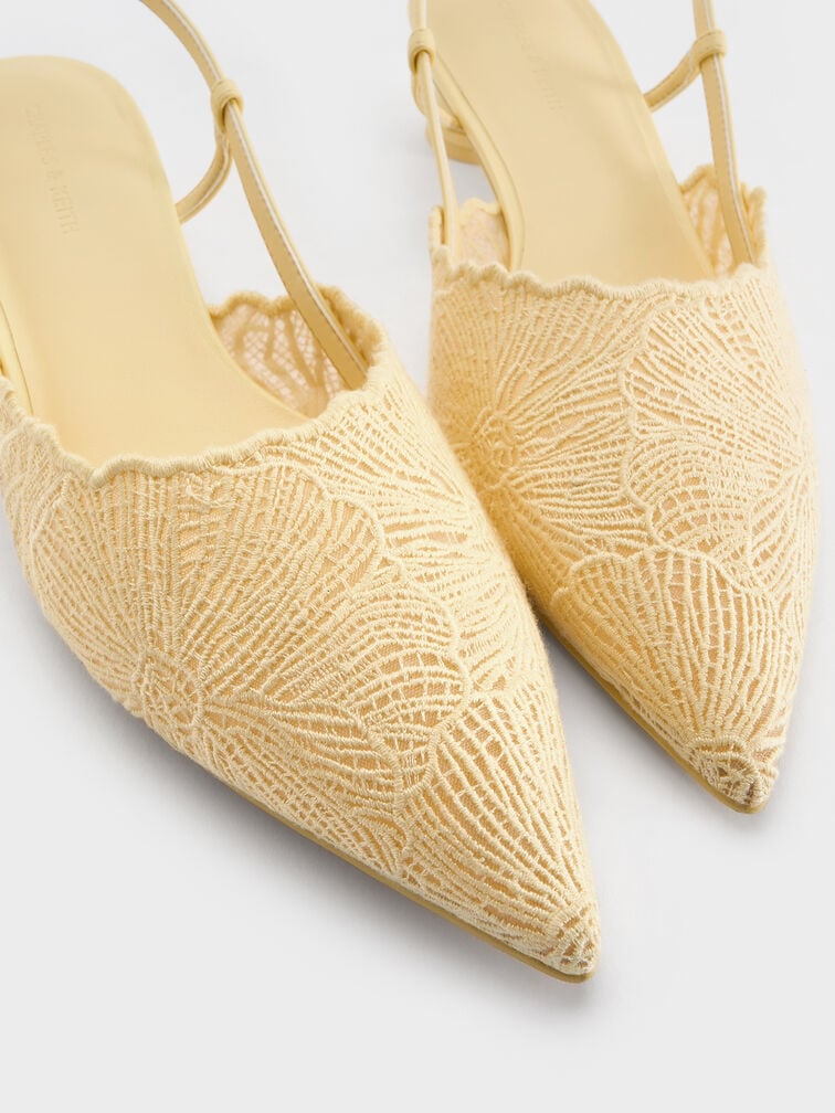Crochet Floral Pointed-Toe Slingback Pumps, Yellow, hi-res