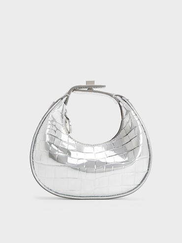 Mini Croc-Effect Metallic Moon Bag, Silver, hi-res