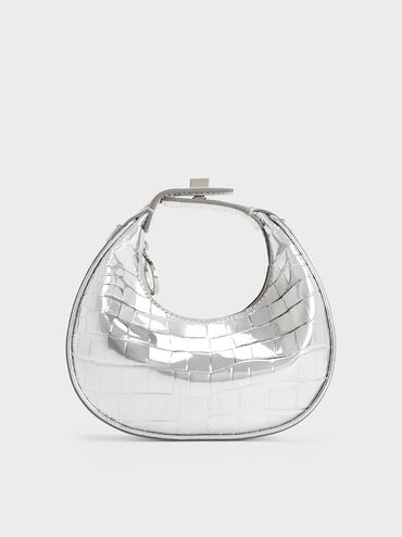 Mini Croc-Effect Metallic Moon Bag, Silver, hi-res