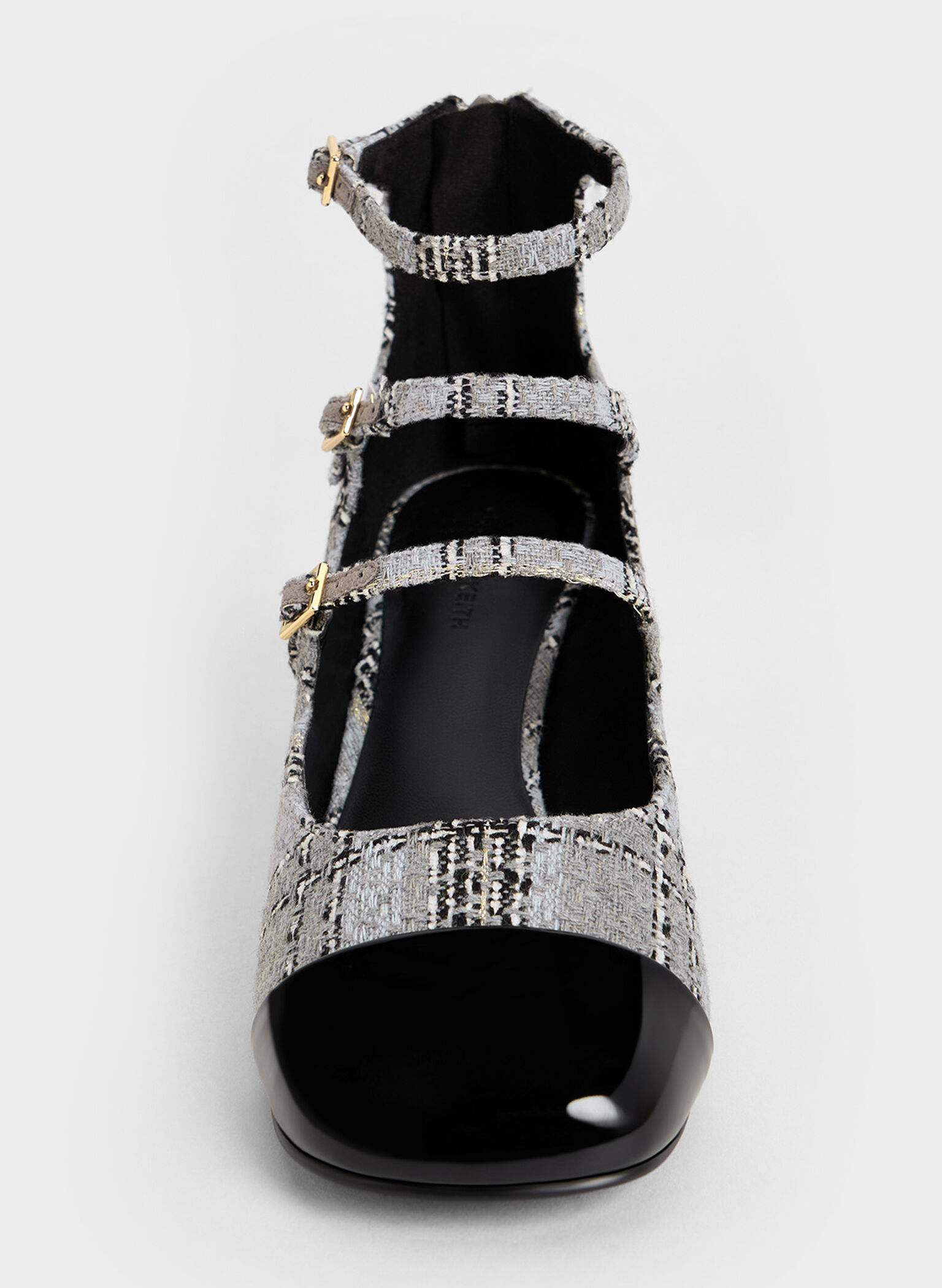 Tweed Triple-Strap Cap-Toe Mary Jane Pumps, Grey, hi-res