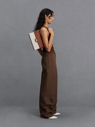 Leather & Canvas Two-Tone Shoulder Bag, Cognac, hi-res
