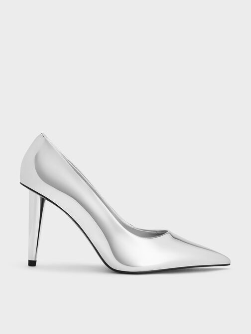 Metallic Cone-Heel Pointed-Toe Pumps, Silver, hi-res