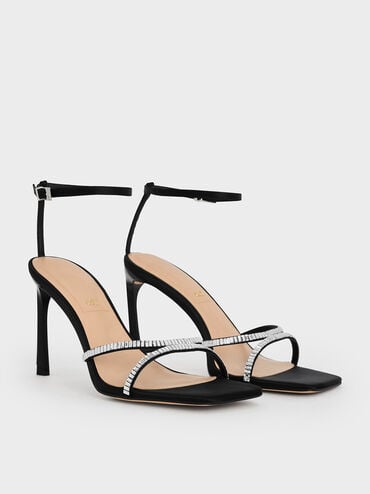 Recycled Polyester Crystal-Embellished Ankle-Strap Sandals, Black Textured, hi-res