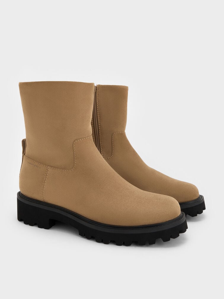 Devan Faux Suede Side-Zip Ridged-Sole Calf Boots, Camel, hi-res