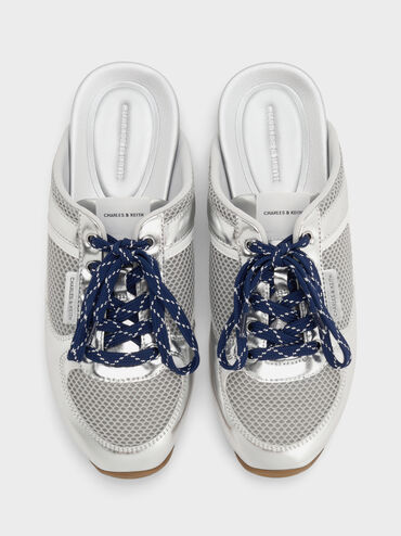 Metallic Mesh Patterned-Lace Slip-On Sneakers, Silver, hi-res