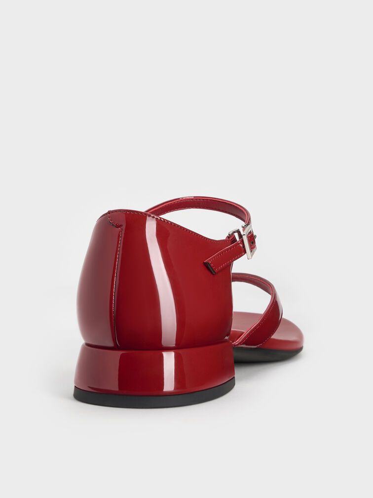 Patent Block-Heel Ankle-Strap Thong Sandals, Red, hi-res
