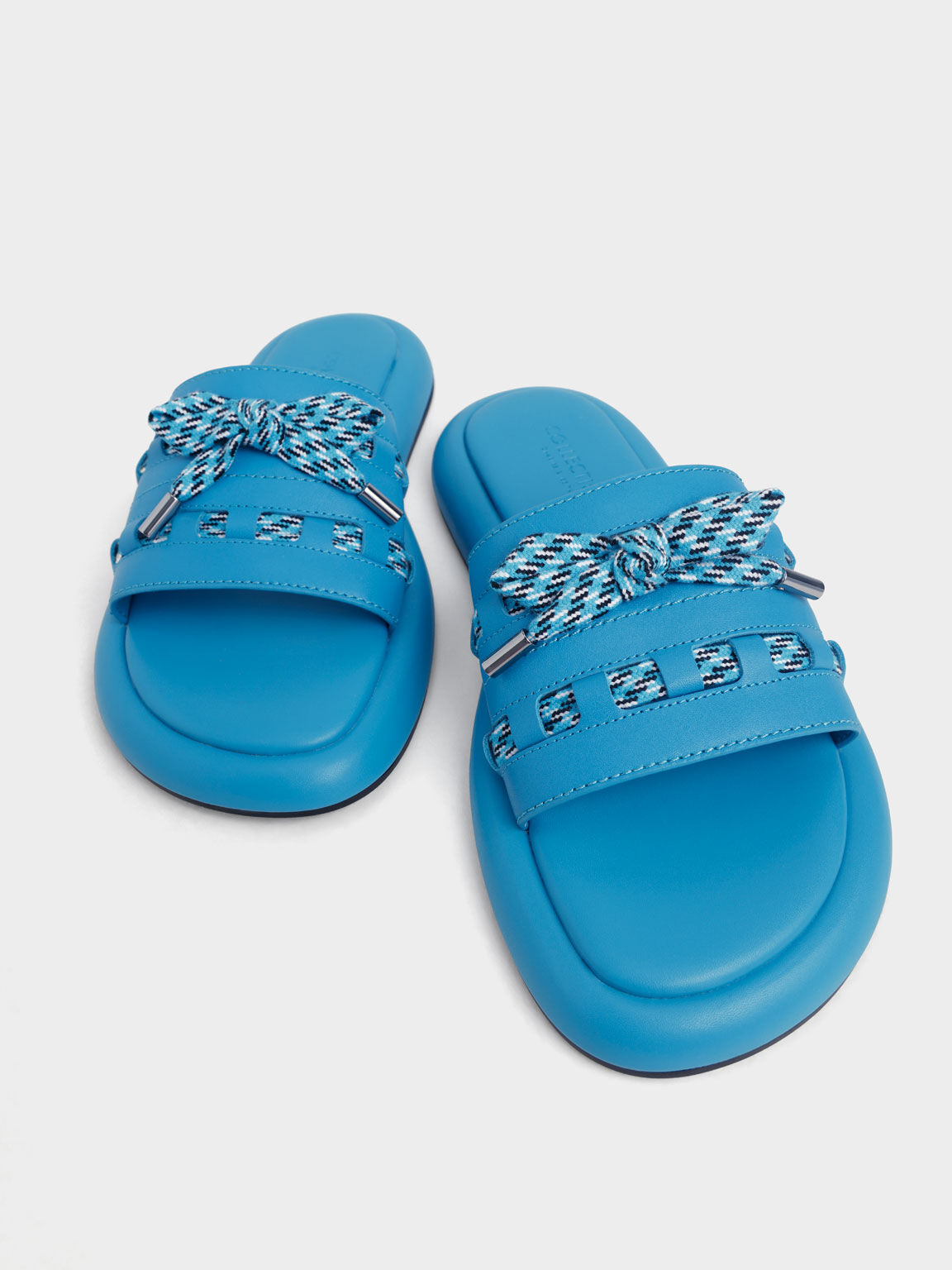 Printed Bow-Tie Leather Slide Sandals, Blue, hi-res