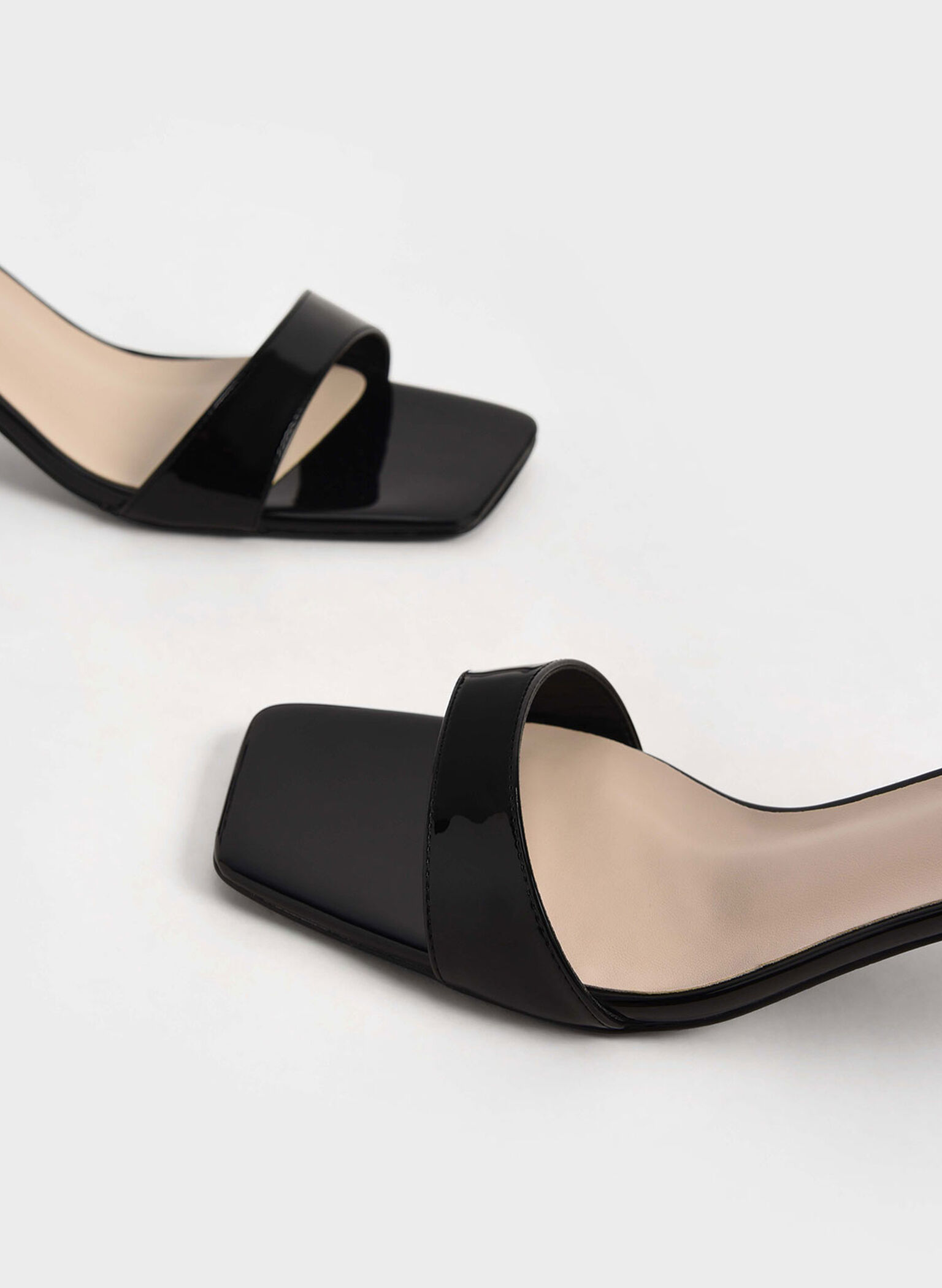 Patent Ankle-Strap Cylindrical Heel Sandals, Black, hi-res