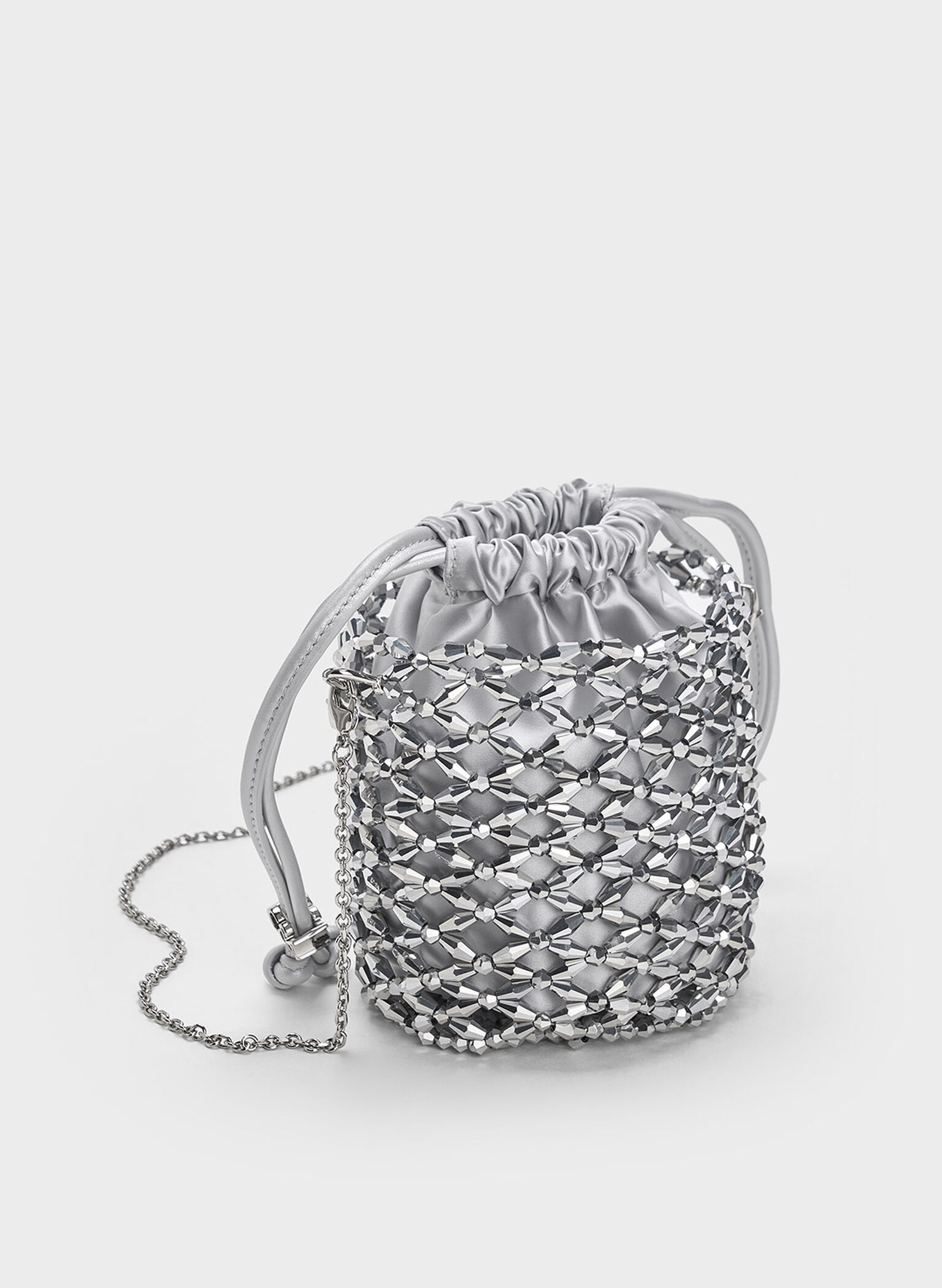 Beaded Chain-Handle Bucket Bag, Silver, hi-res