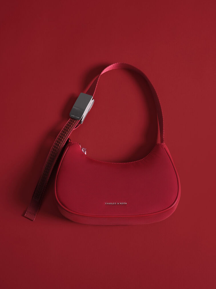 Nylon Curved Metallic-Accent Shoulder Bag, Red, hi-res
