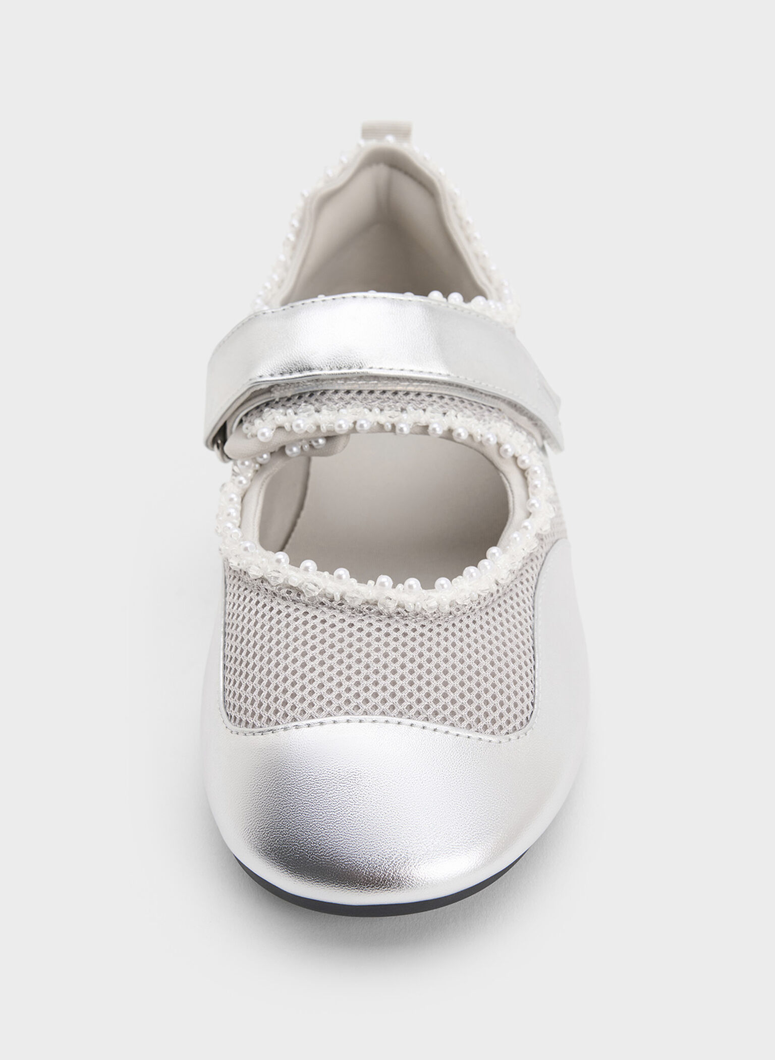 Metallic Mesh Pearl-Embellished Mary Jane Sneakers, Silver, hi-res