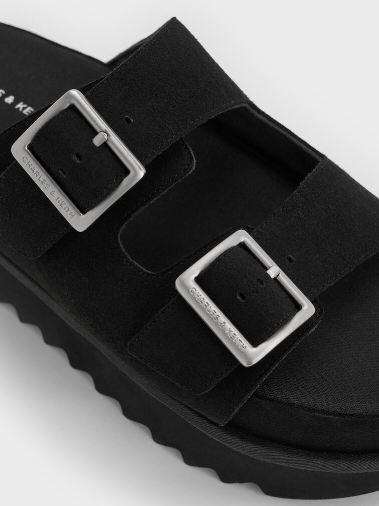 Buckled Double-Strap Flatform Sandals, Black, hi-res