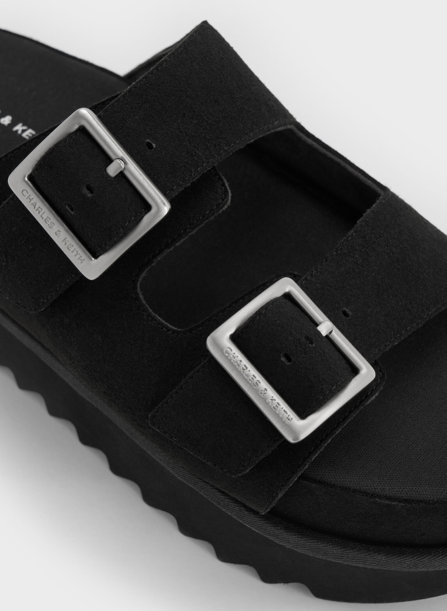 Buckled Double-Strap Flatform Sandals, Black, hi-res