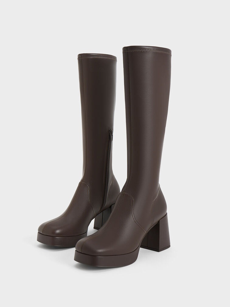 Evie Platform Block-Heel Knee-High Boots, Dark Brown, hi-res