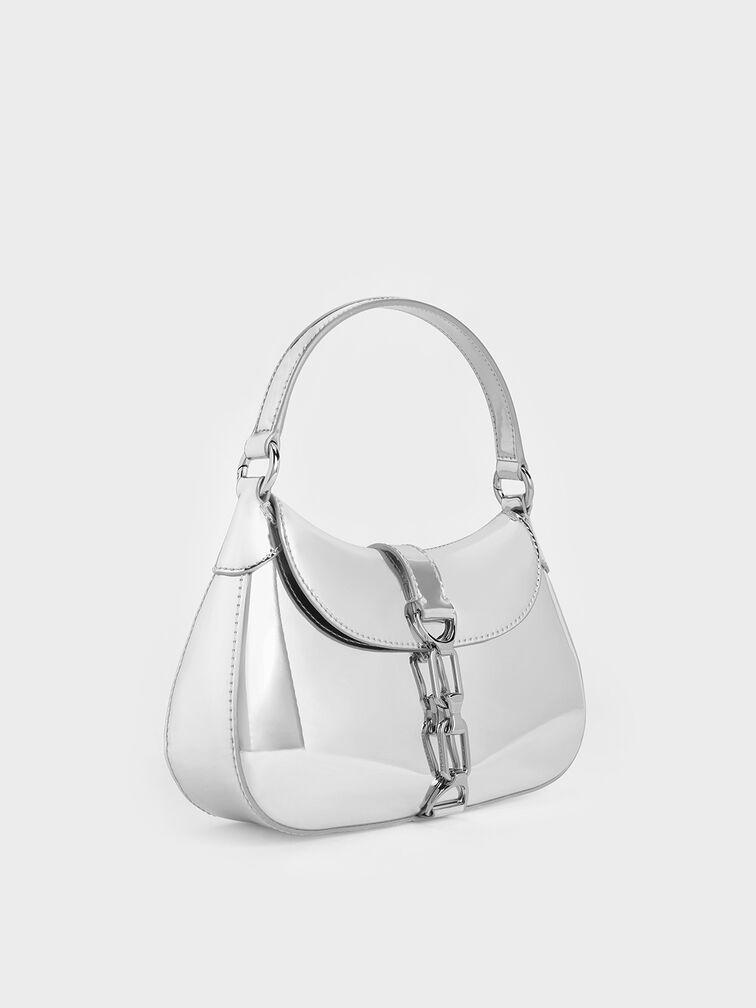 Agatha Metallic Chain-Accent Hobo Bag, Silver, hi-res