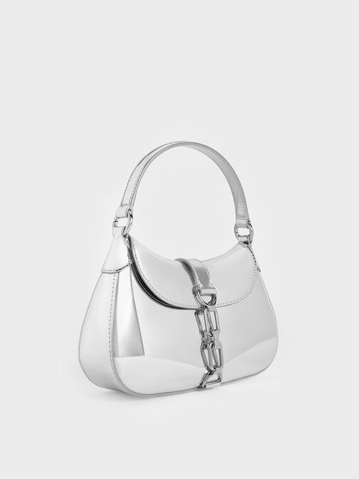 Agatha Metallic Chain-Accent Hobo Bag, Silver, hi-res