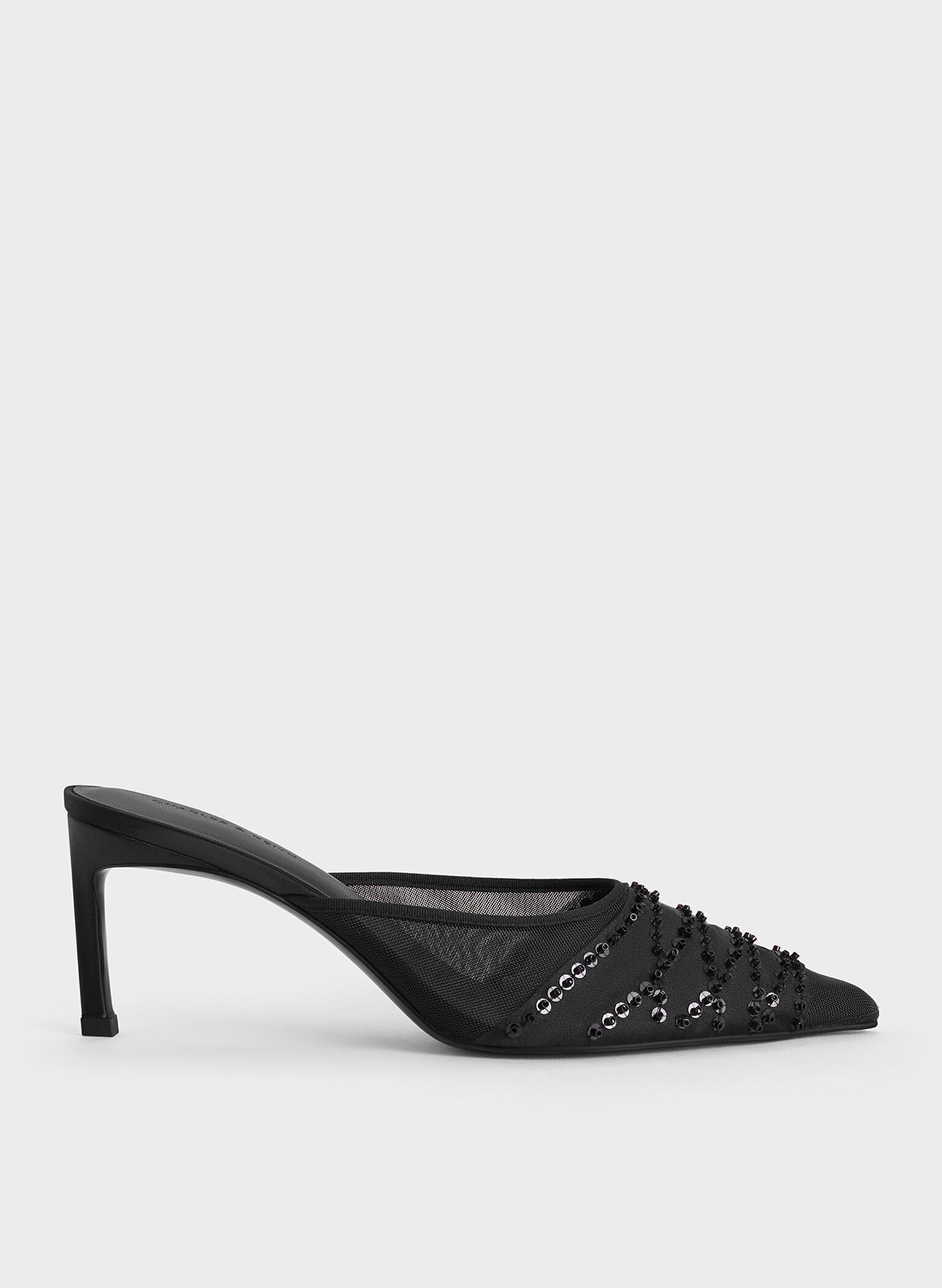 Mesh Sequinned Heeled Mules, Black Textured, hi-res