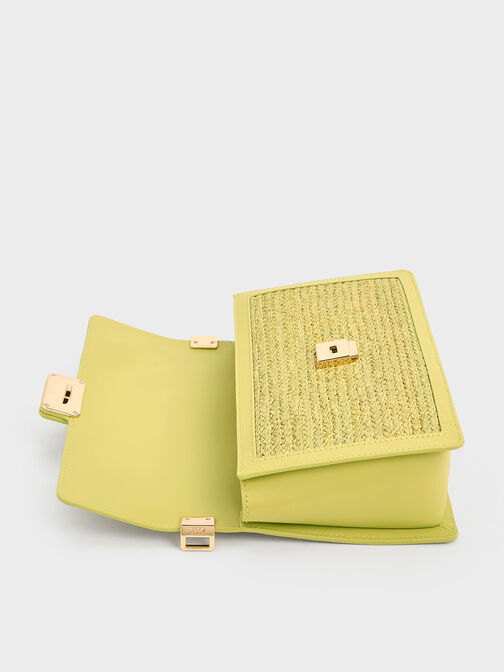 Leather & Raffia Shoulder Bag, Lime, hi-res