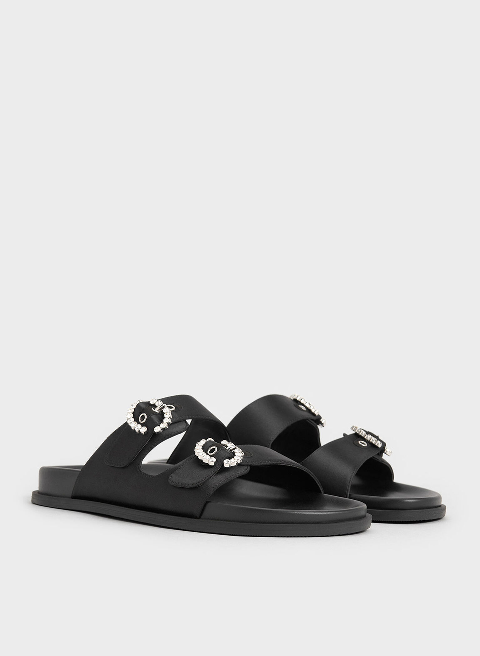 Recycled Polyester Embellished Buckle Sandals, Black Textured, hi-res